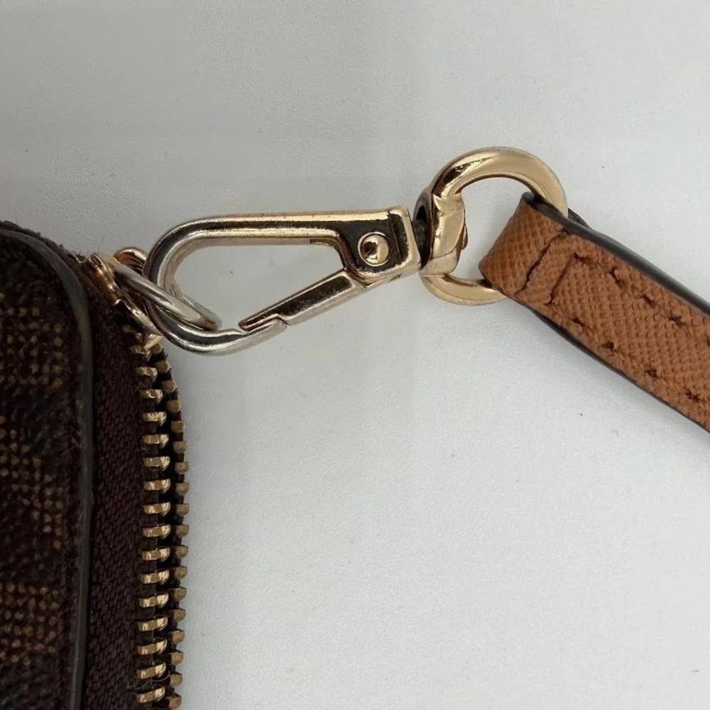 Michael Kors Brown Monogram Wristlet Bag Small Clutch Gold Hardware